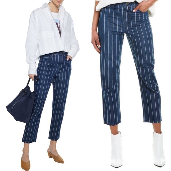 Current/Elliott Indigo Striped High Rise Vintage Cropped Slim Jeans - Picture 1 of 5